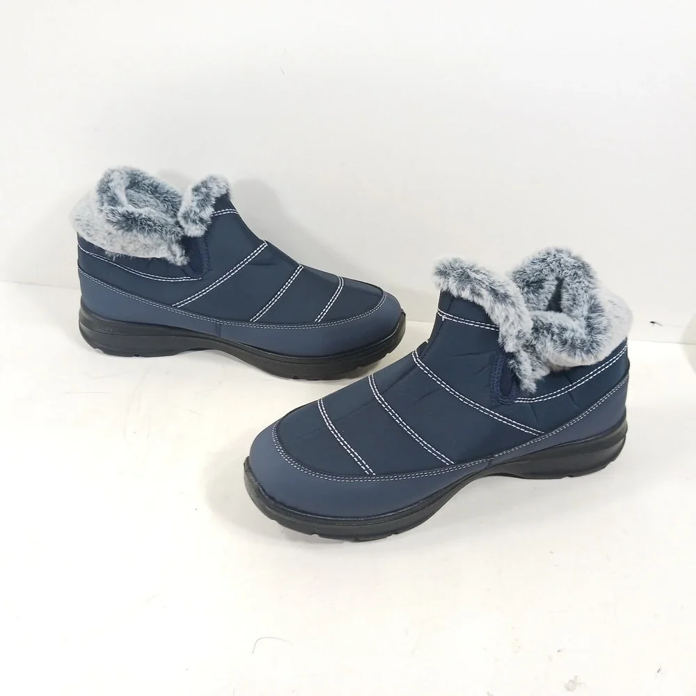 Navy Blue Quilted Faux Fur Lined Winter Ankle Boots Slip On Snow‎ Boots
